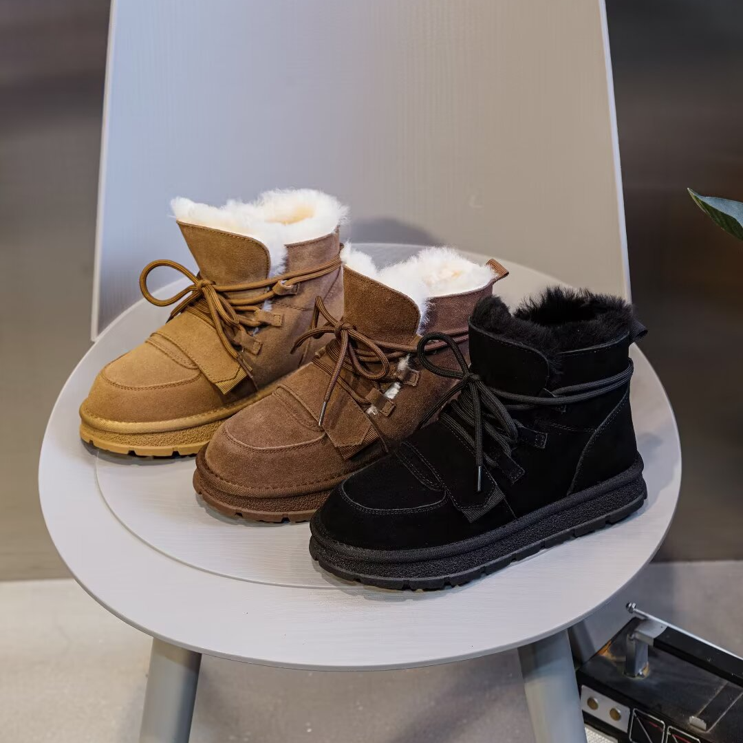 羊毛皮一体雪地靴女2025时尚百搭圆头魔术贴加绒保暖平底棉鞋3297