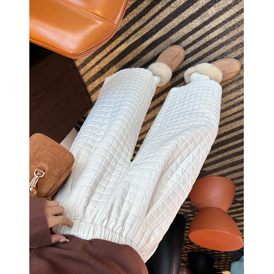 设计感菱格夹棉阔腿休闲裤女2025秋冬款小个子加厚保暖八分奶奶裤