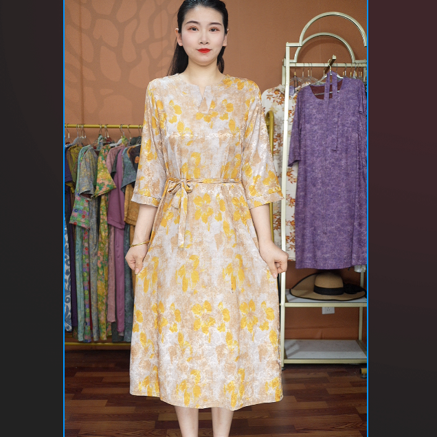 【金花收腰】国风妈妈装宽松连衣裙高档中年女装秋夏季优雅气质长裙