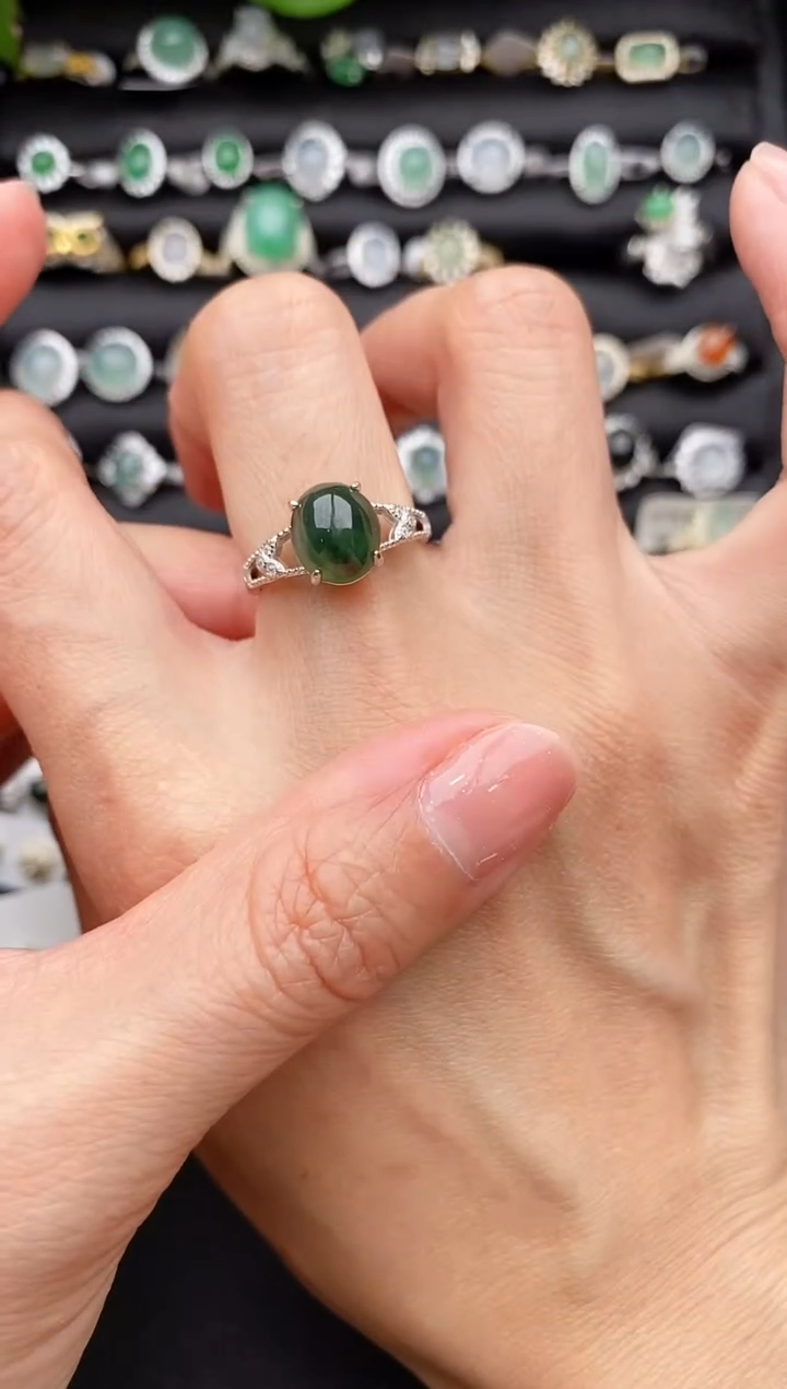 【闪购商品】翡翠戒指银S925镶嵌缅甸天然A货翡翠222  2-10