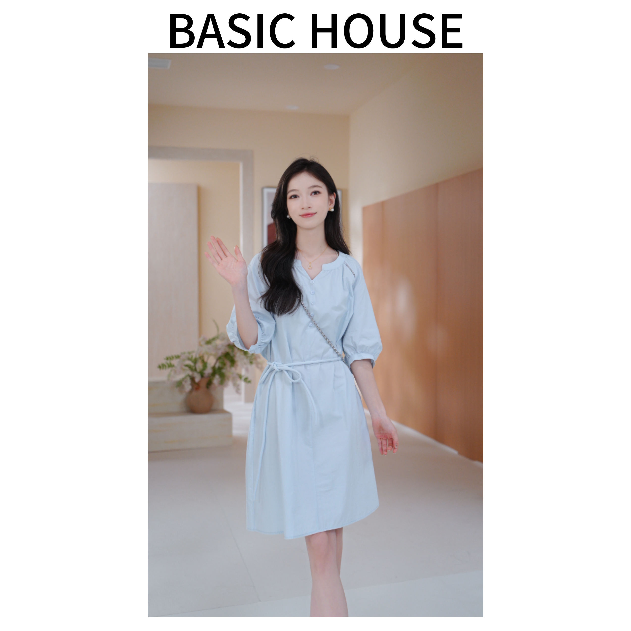 Basic House/百家好夏季新款气质时尚显瘦镂空透气简约连衣裙子M