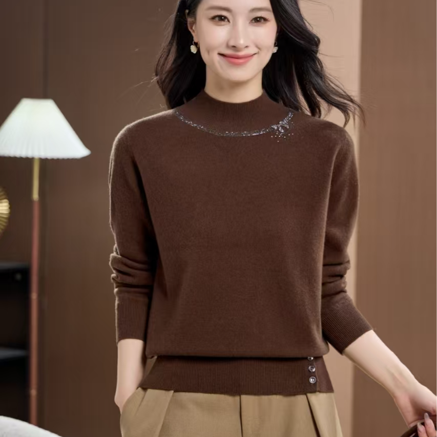 黛妍Y-807冬季新款100%羊毛洋气蝴蝶结领口烫钻半高领针织上衣