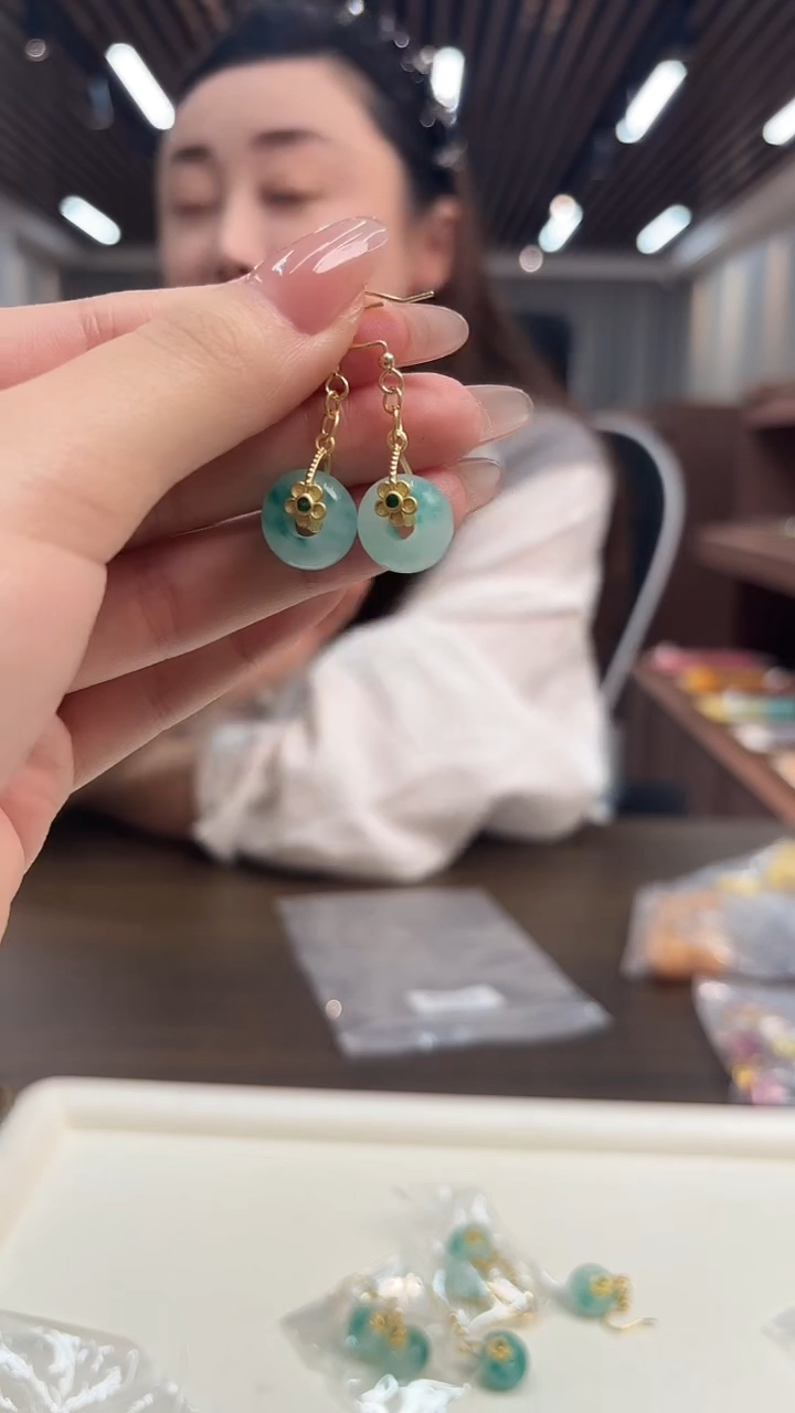 14K金镶嵌翡翠耳饰DIY款E978