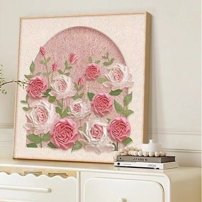 P43法式奶油风玫瑰花卉客厅电视沙发背景墙壁装饰画