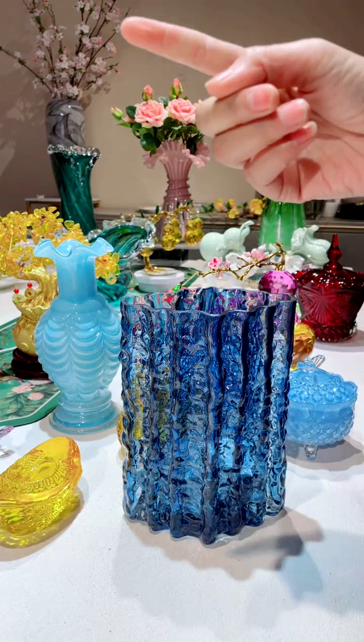 【闪购商品】琉璃手工艺品蓝色冰川花瓶 微瑕