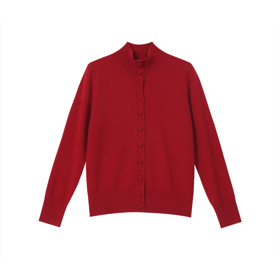 100%绵羊毛高领长袖包布扣女式羊毛开衫25DAK1633