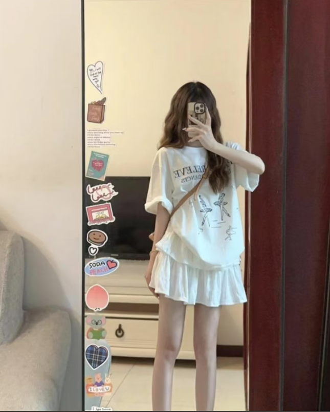 401-500田田夏季女士短袖显瘦小个子高腰宽松学院风学生韩版