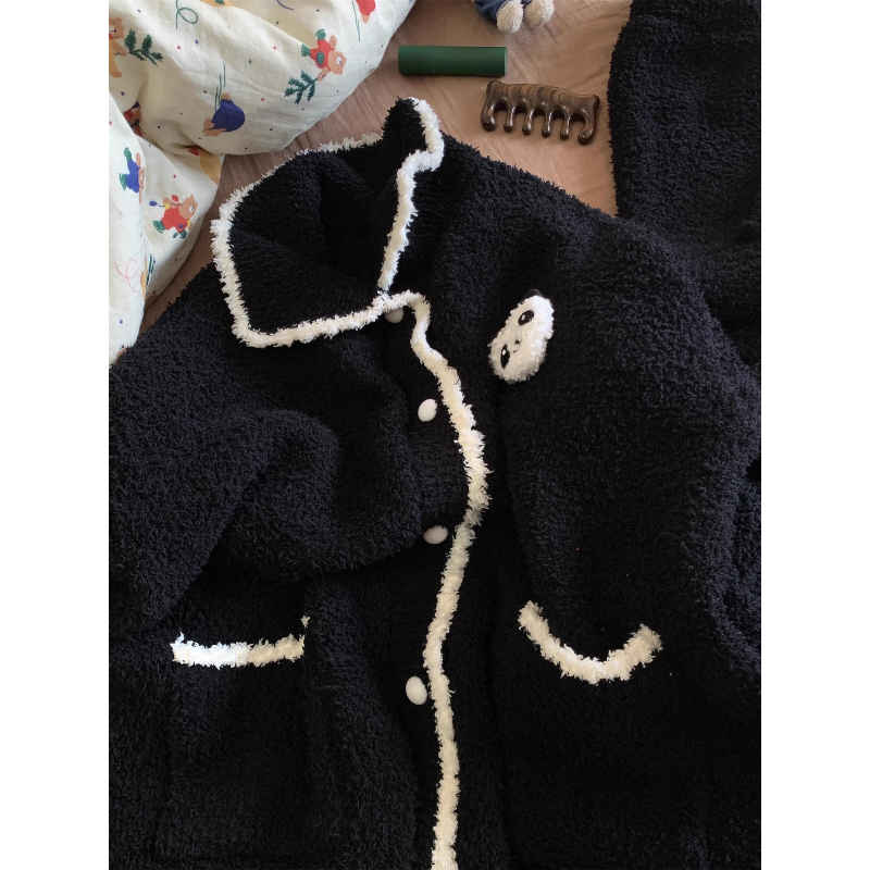 黑色半边绒睡衣女秋冬新款加绒加厚针织套装软糯保暖家居服可出门