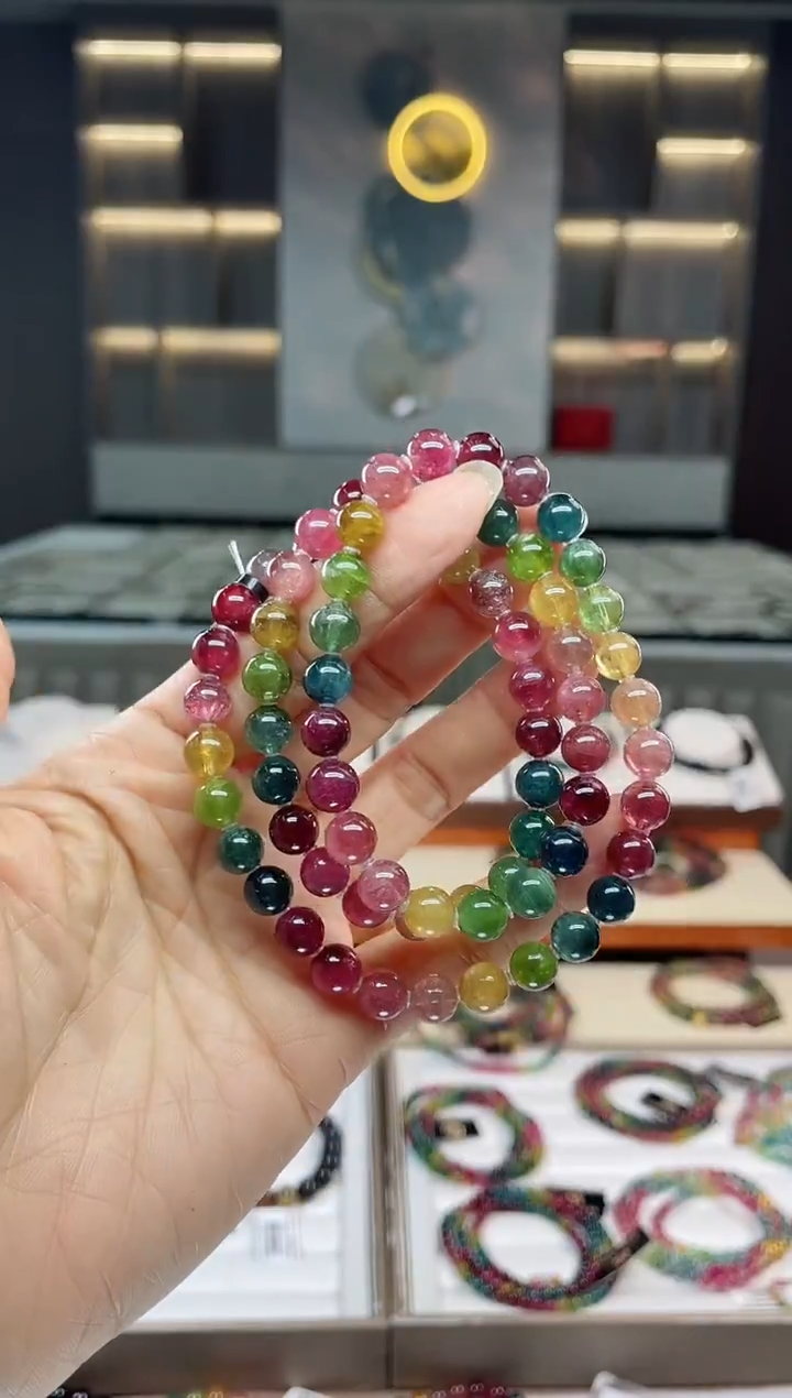 未镶嵌冰透体老矿碧玺彩虹三圈手串7mm+碧玺（多样性发一条）Q
