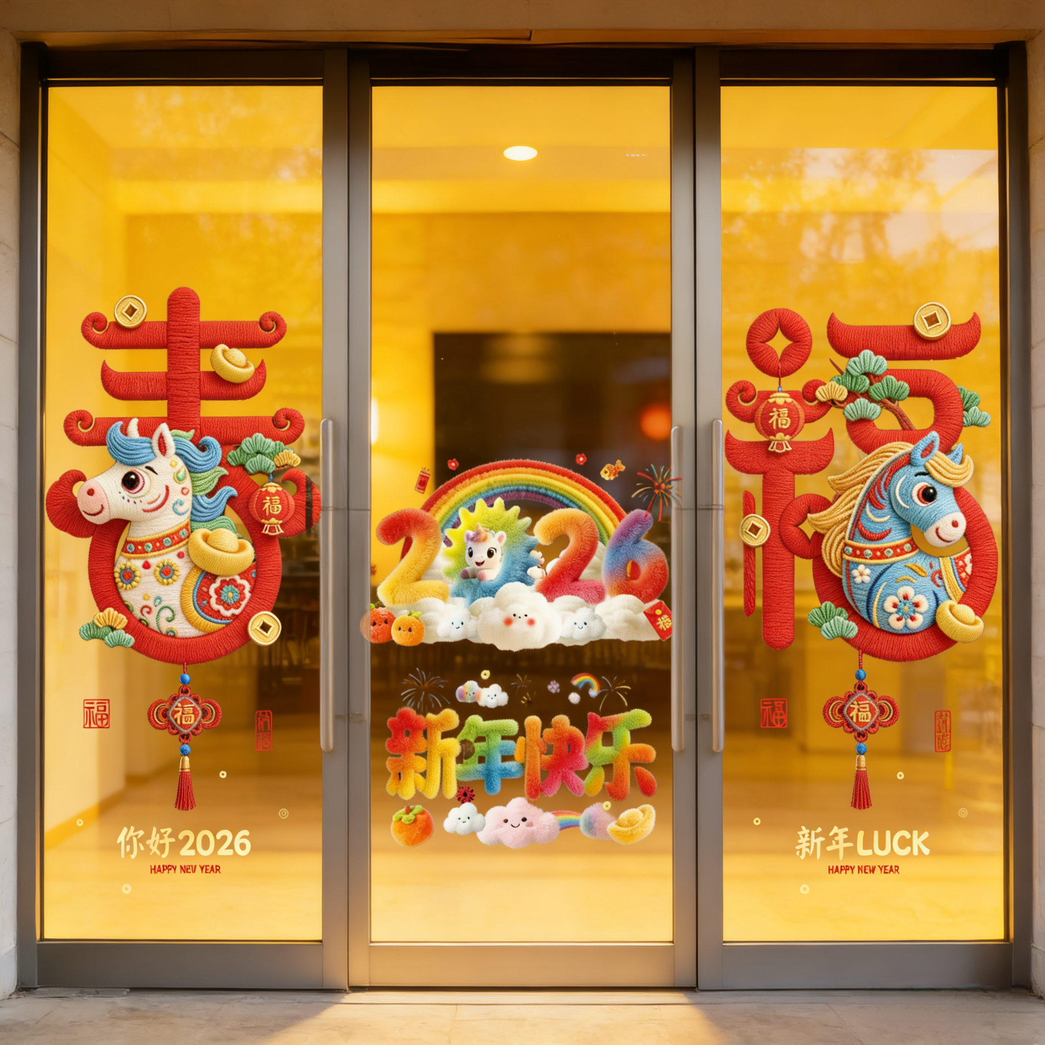 2026新年装饰用品玻璃贴春节元旦橱窗贴马年新款跨年窗花装饰挂件
