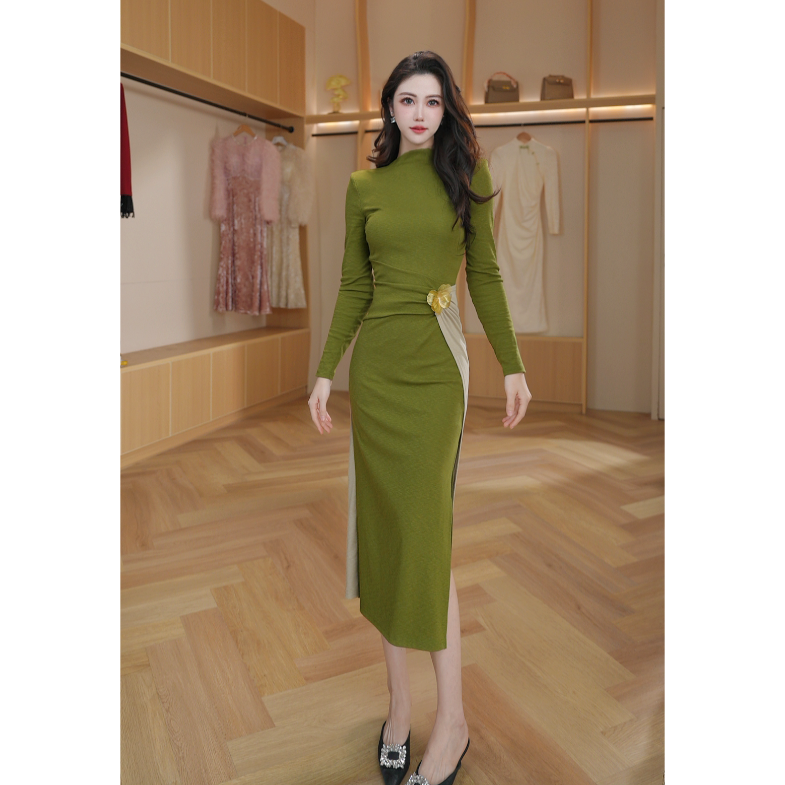 琼仪原创『秀场高定』秋季设计感开叉长袖显瘦拉链复古连衣裙21954