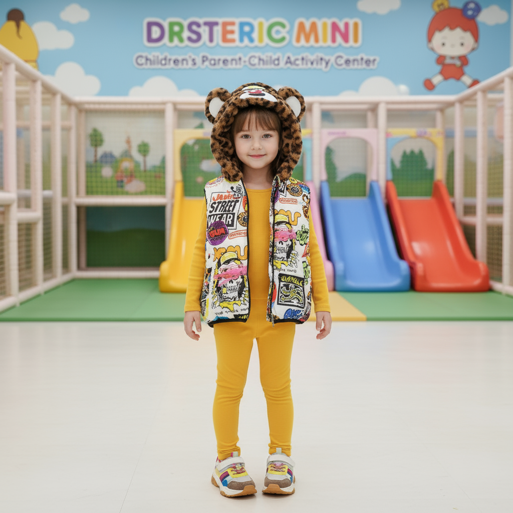 中大童满印加厚连帽棉马甲 轻薄款棉外套 男女童秋冬装卡通棉马甲