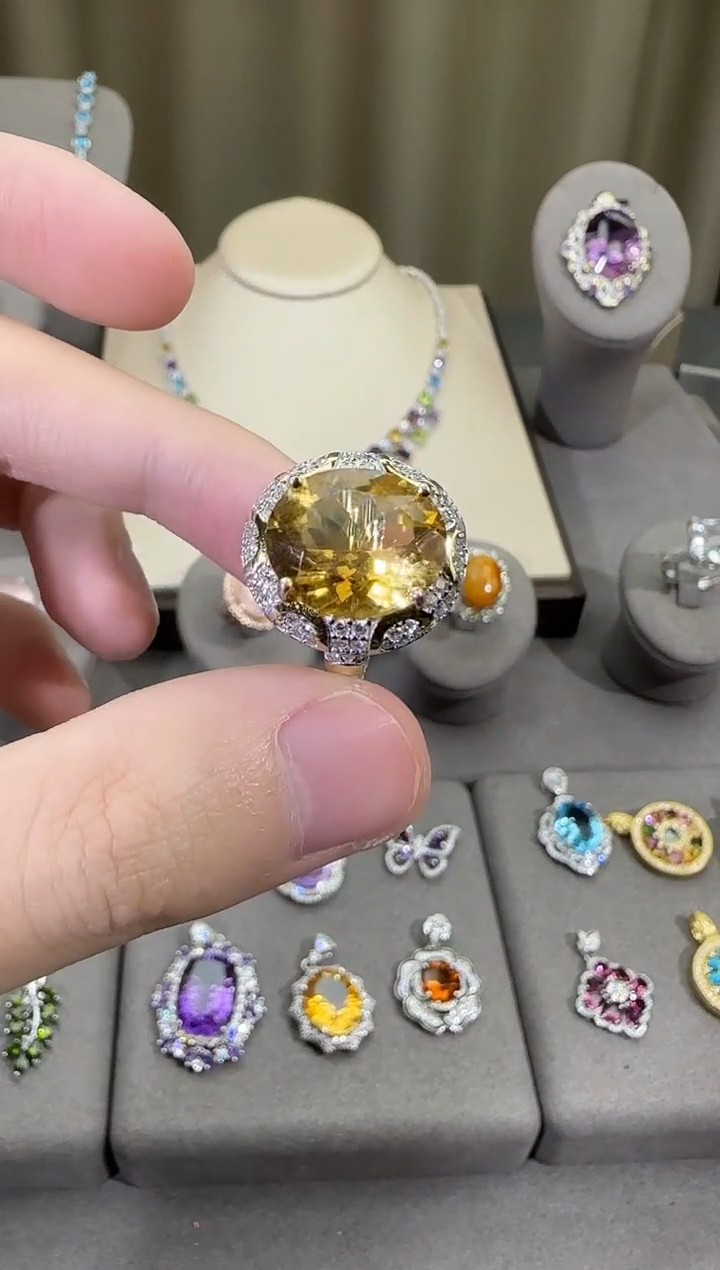 银S925镶嵌戒指黄晶14*12mm戒指高级款