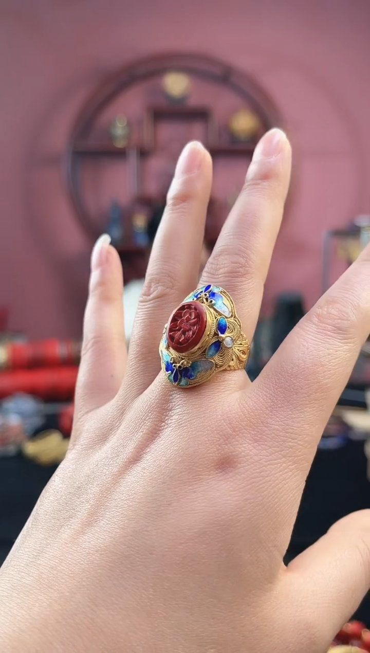 非遗 花丝镶嵌雕漆戒指 