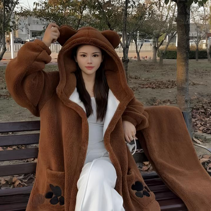  专属美拉德系冬季中长款情侣款双层复合加绒加厚保暖连帽睡袍
