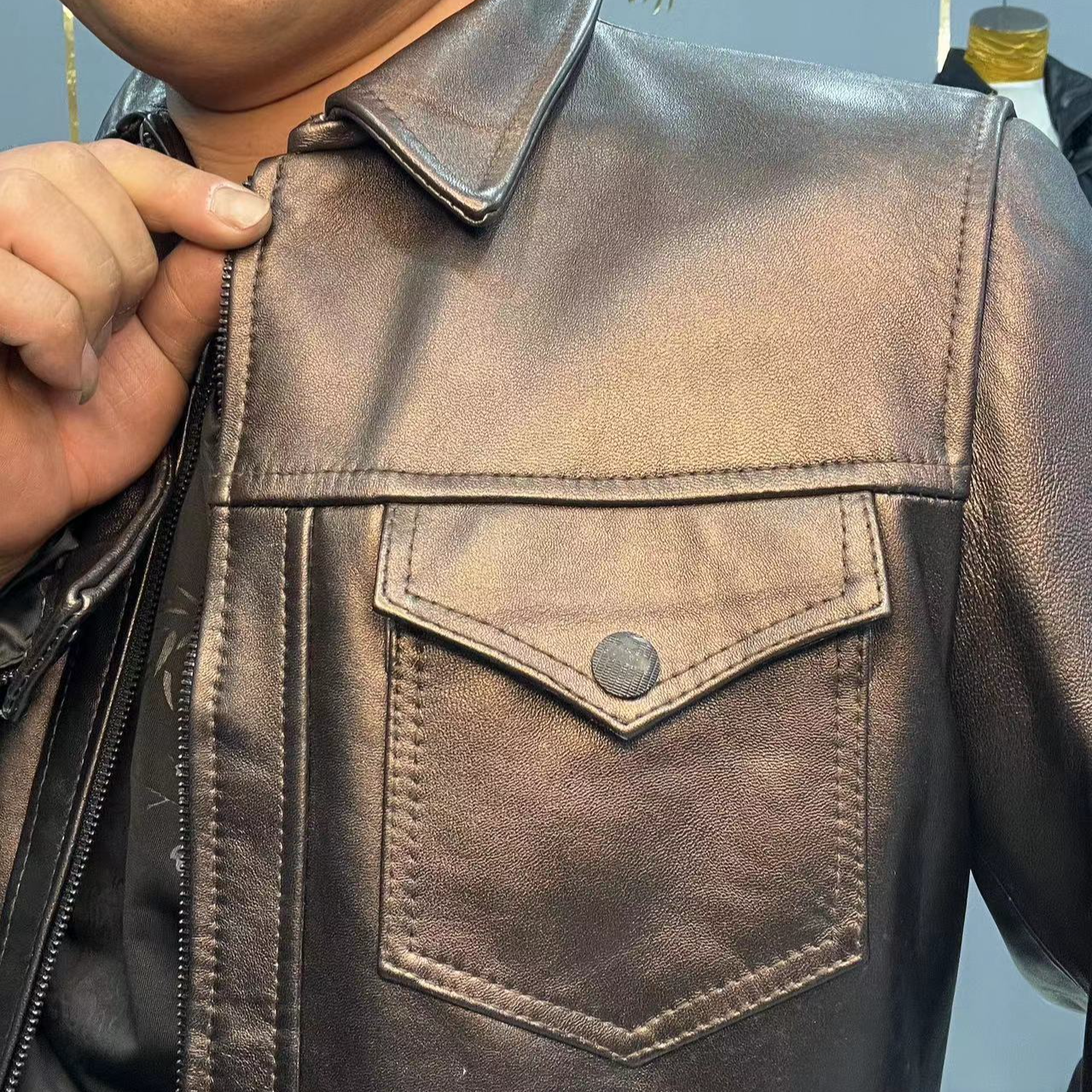 亮棕色羊皮单夹克50-52-54