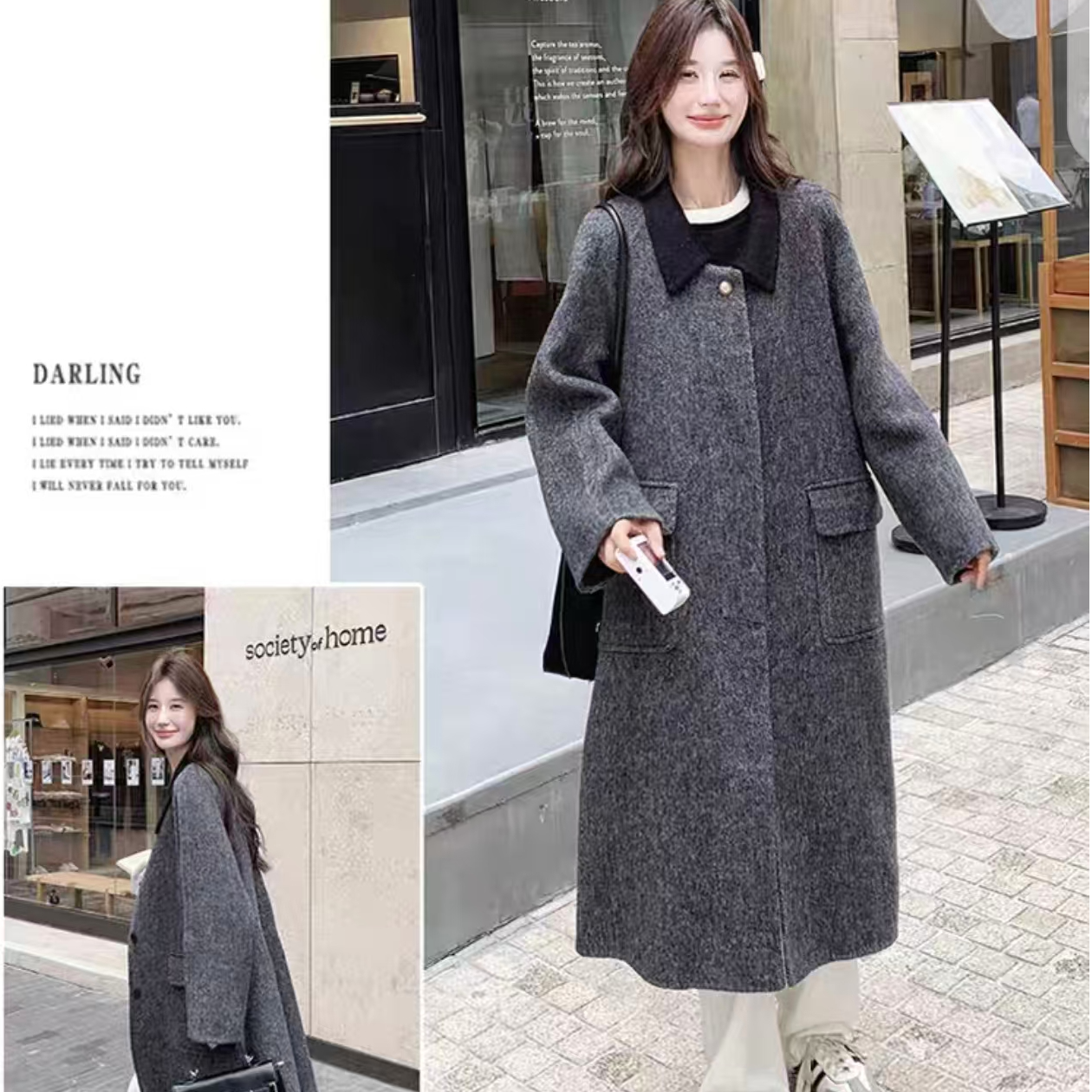 2292厚款纯色常规直下摆方领毛呢外套气质外套中长款时尚