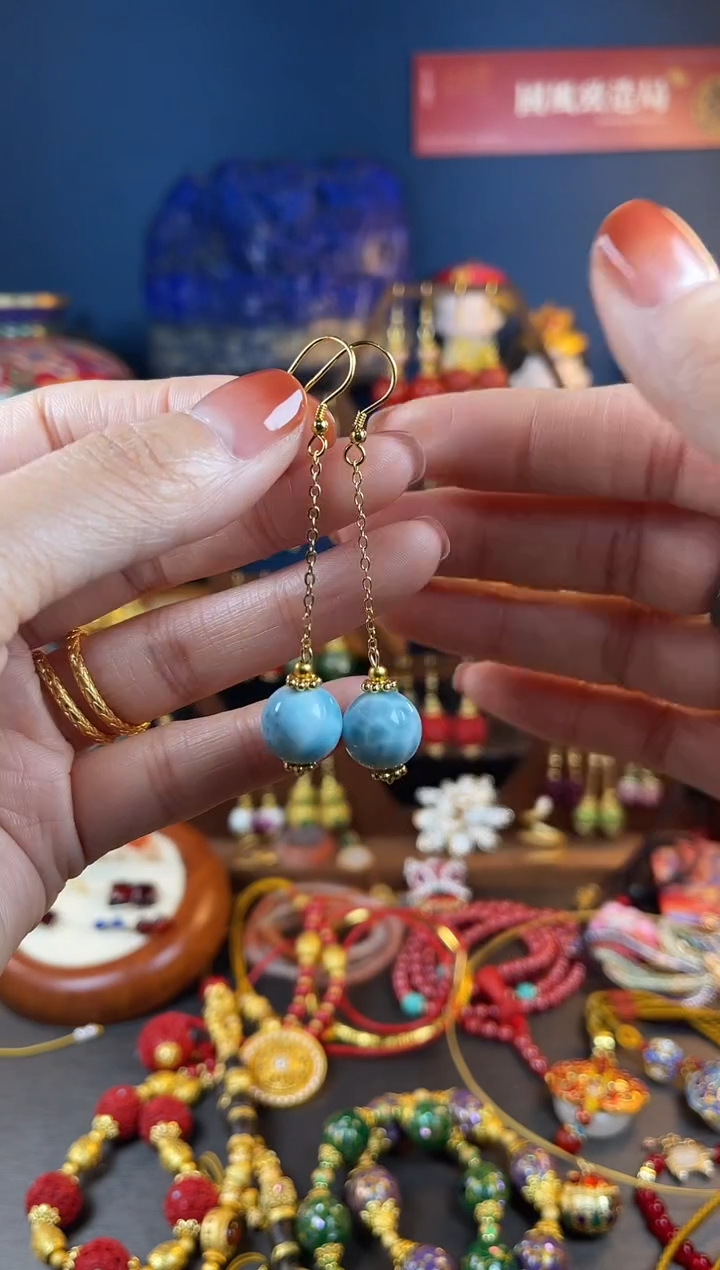 【闪购商品】针钠钙石（海纹石）耳饰银S925镀金镶嵌海纹石耳钩