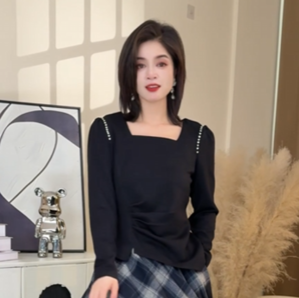 法式设计感方领钉珠上衣女2025秋季新款衬衣时尚不规则短长袖