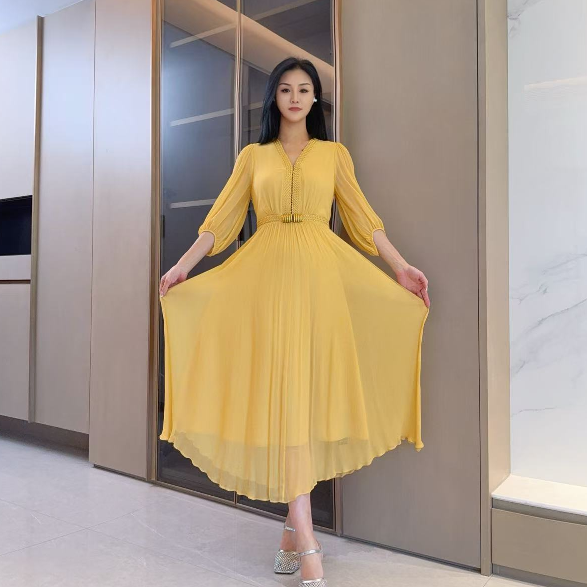 100桑蚕丝【双十一破价，仅一场】2025年夏新时尚气质长裙 黄色25196