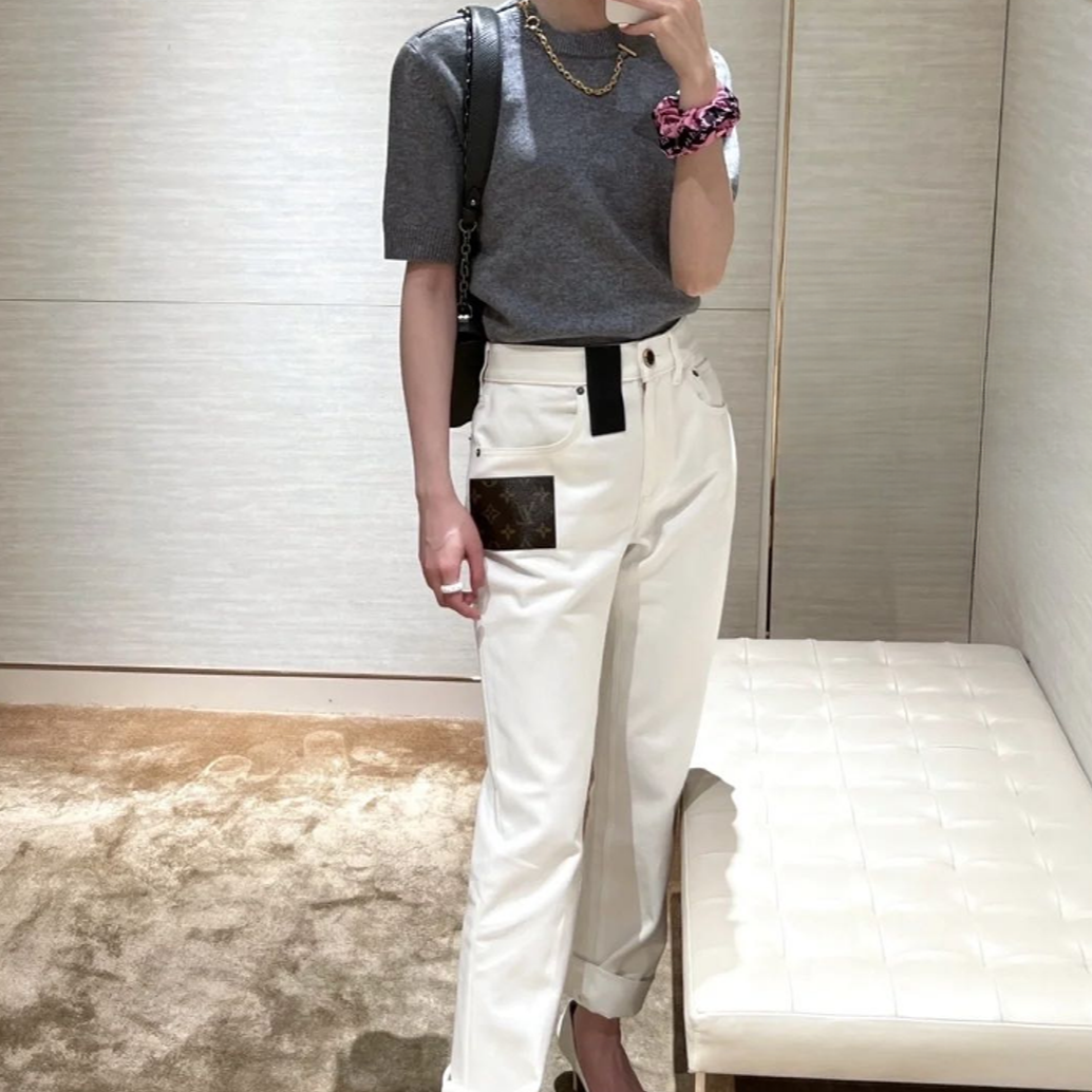 99新 LouisVuitton/路易威登 老花拼皮白色牛仔裤 34码 