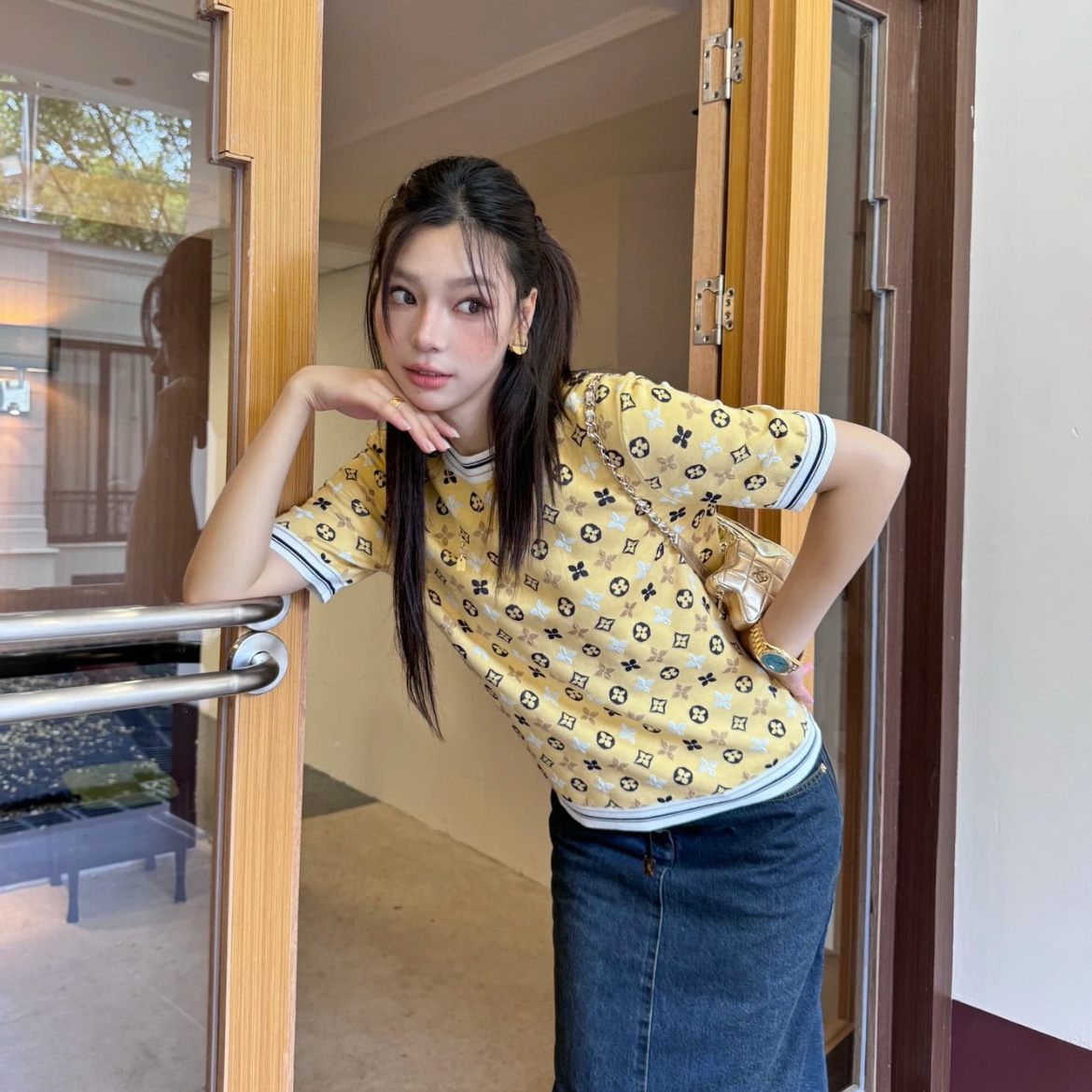 未使用 LouisVuitton/路易威登 圆领满印logo针织短袖 黄色/M
