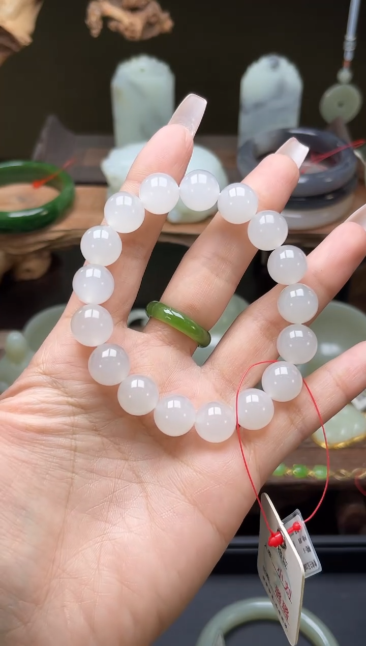 【闪购商品】和田玉手串未镶嵌青海白玉卡12圆珠9007974