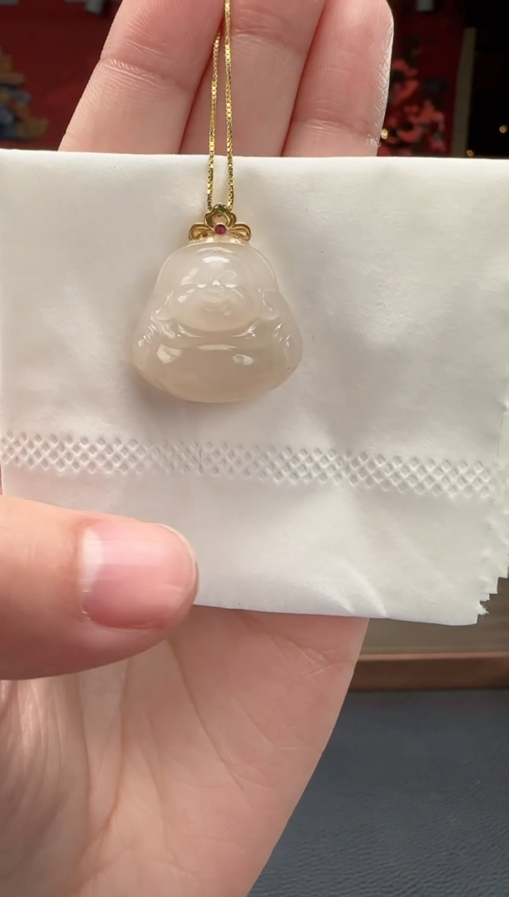 【闪购商品】和田玉颈饰18K金镶嵌藕粉佛公