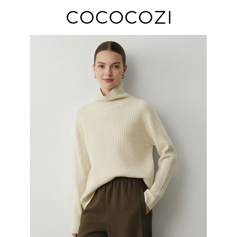 【艺芯专属】绵羊毛高领坑条无缝长袖宽松保暖针织衫253CO562M