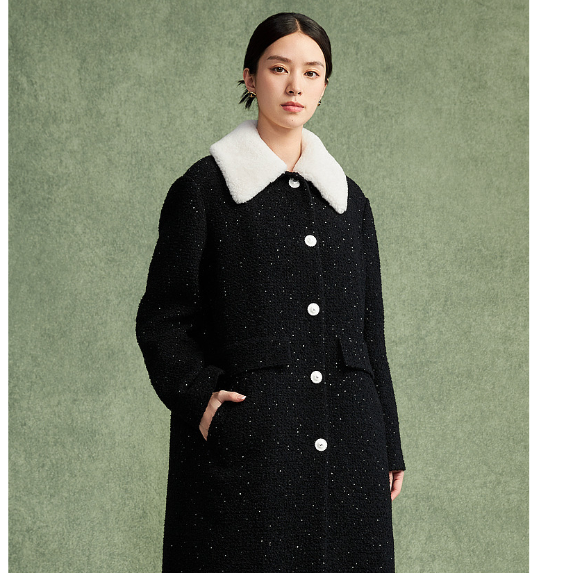 时尚毛领大衣24年新款绵羊毛冬季保暖毛呢外套/MJFD05WMC115B11