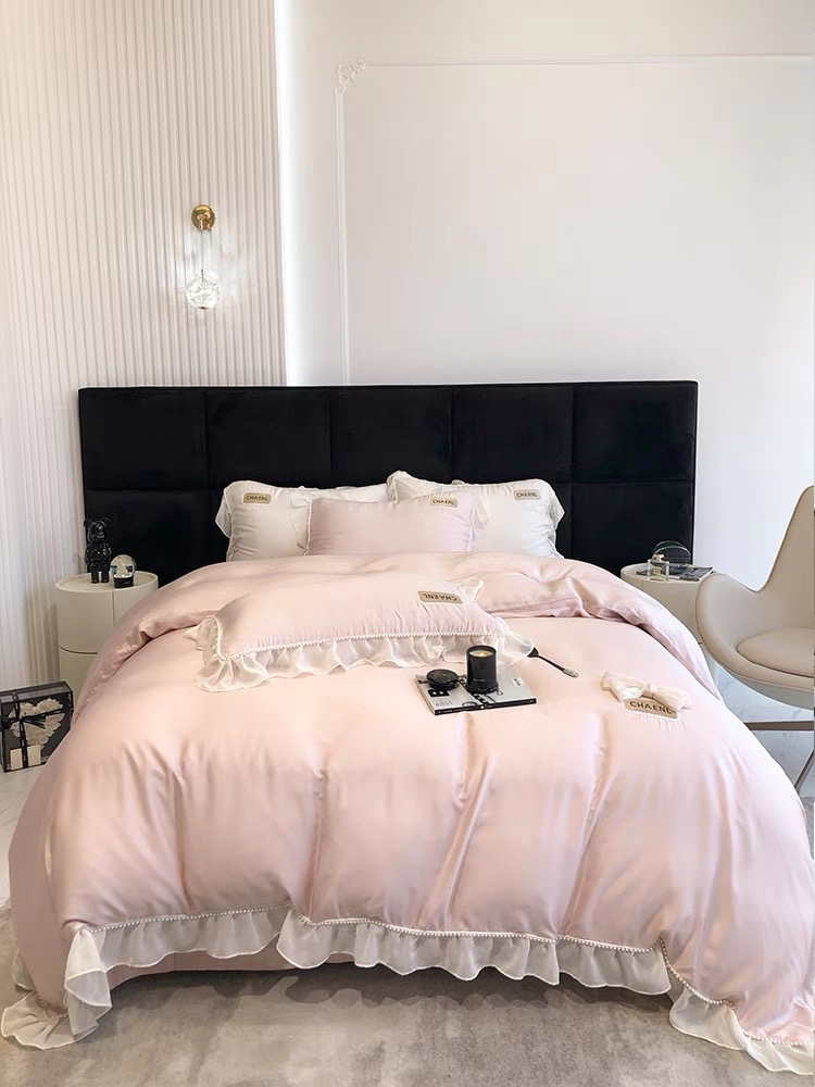 夏季兰精天丝四件套法式蕾丝边被套丝滑凉感裸睡床上用品