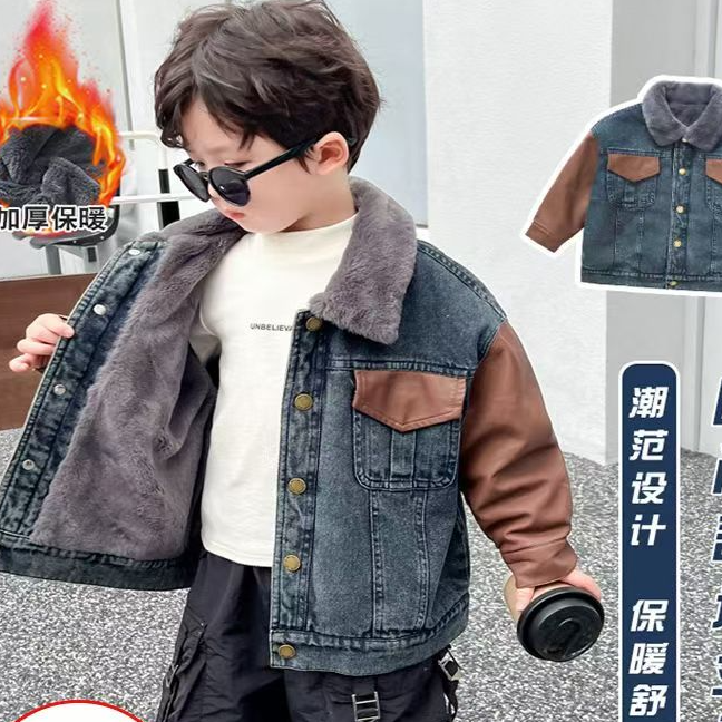 D22男女童冬季加绒牛仔派克