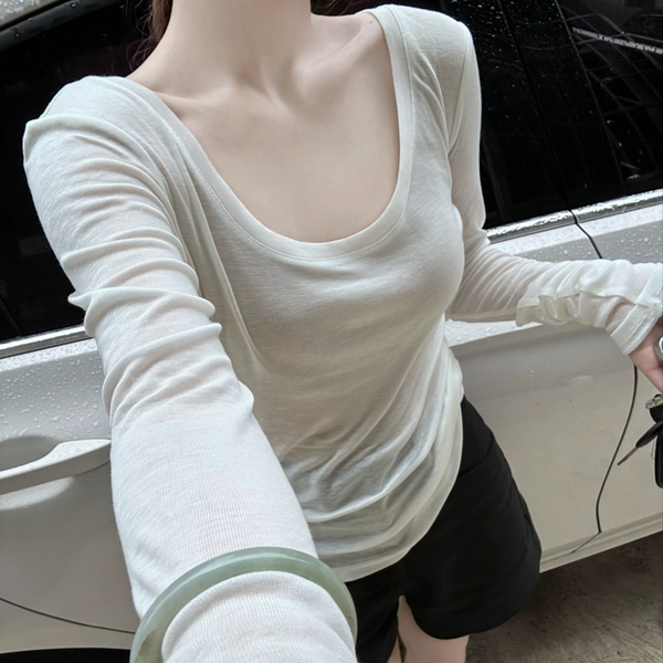 老钱风防晒宽松夏季百搭撞色蕾丝打底T恤纯欲修身外搭长袖显瘦
