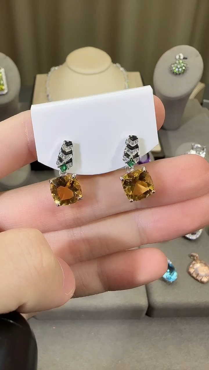 银S925镶嵌耳饰黄晶9mm耳坠设计款