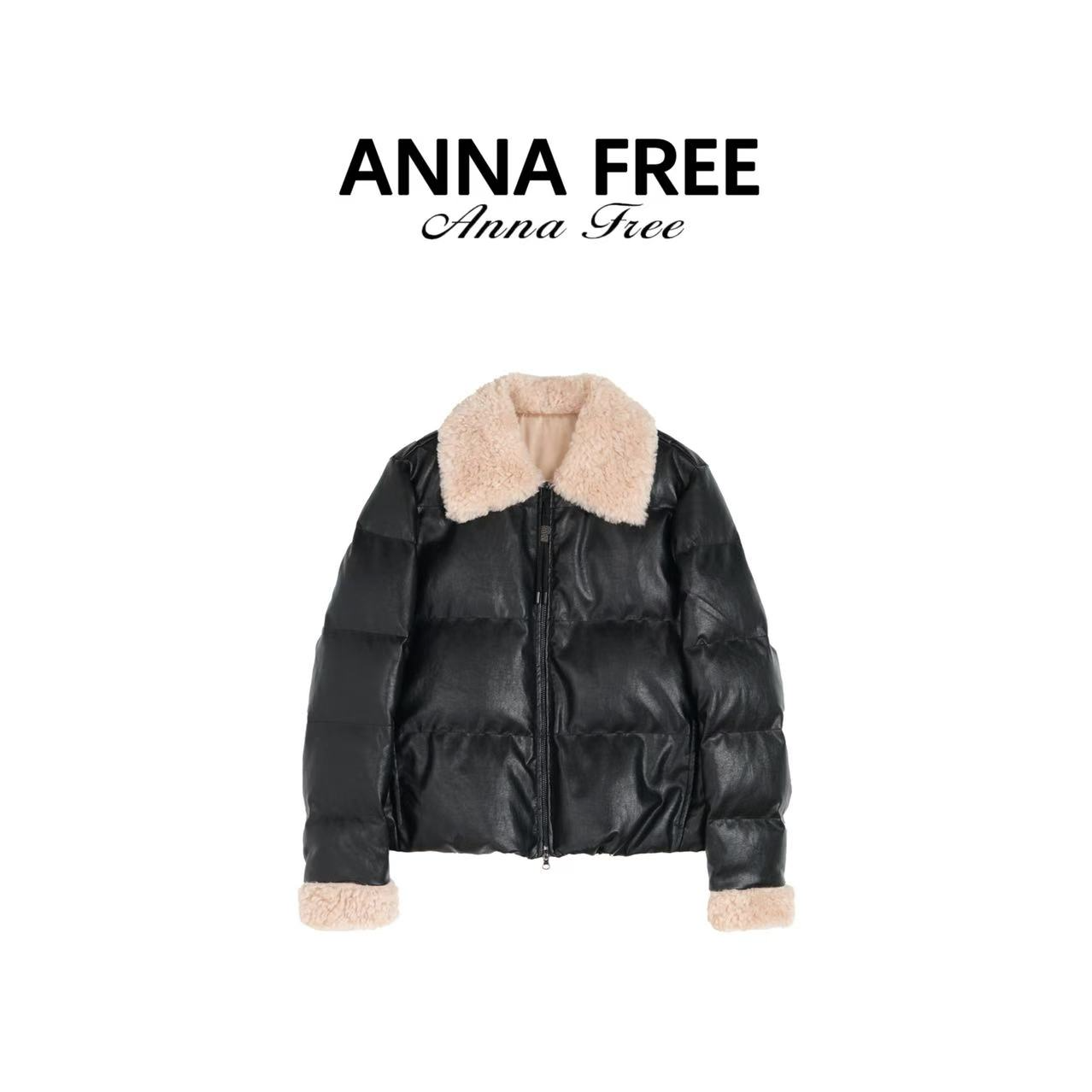 ANNA FREE 常规羽绒服保暖休闲设计师黑色翻领时尚拼接ZCE24772