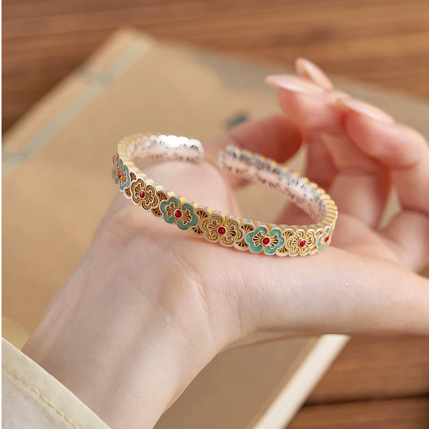 足银手镯 A51[春见青]新中式国风描金珐琅彩轻奢小众百搭叠戴手镯
