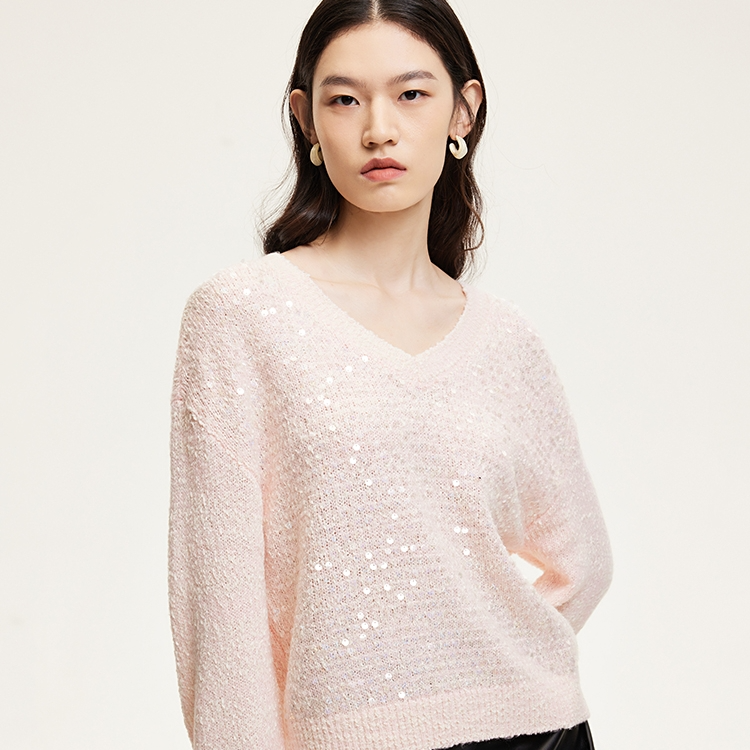 Vero Moda商场同款针织衫气质宽松H版垂顺亮片V领流光风325113049