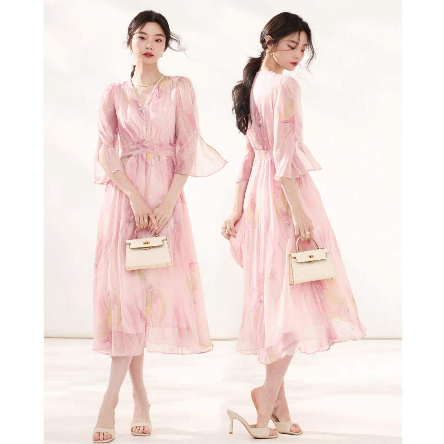 【严姐推荐】8012春夏新款腰部打揽显瘦V领连衣裙