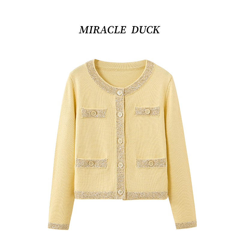 1号【千金年华】春秋冬轻奢圆领显瘦亮片拼接长袖毛针织开衫C1726