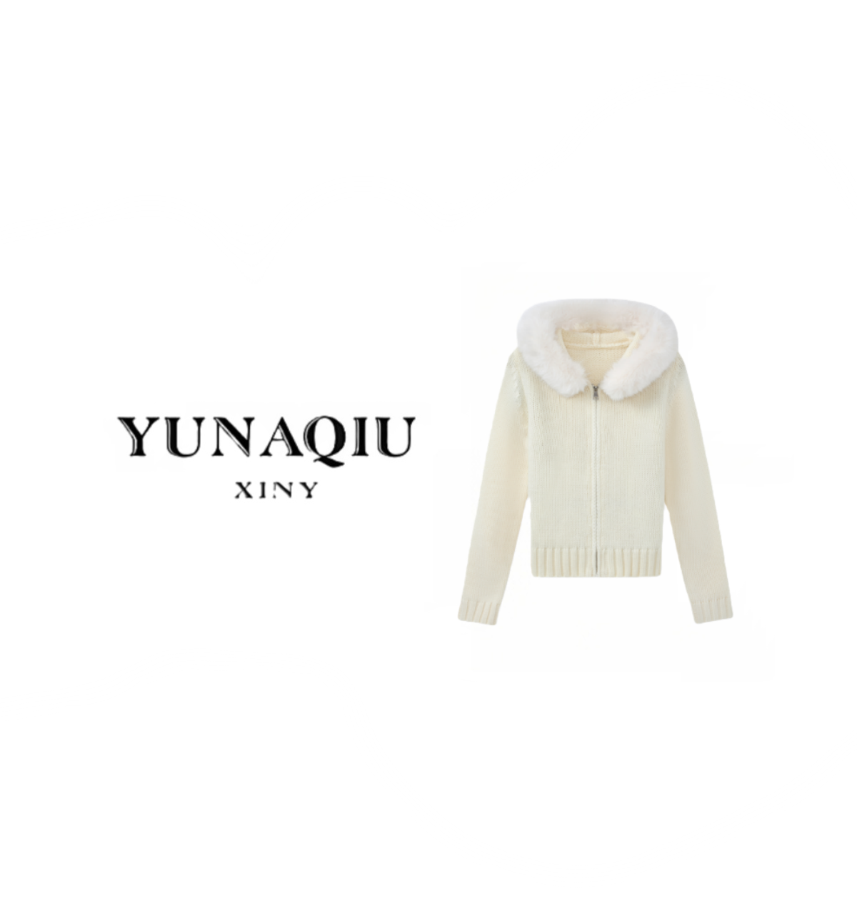 YUNAQIU-女士长袖针织气质连帽白色上衣-9874