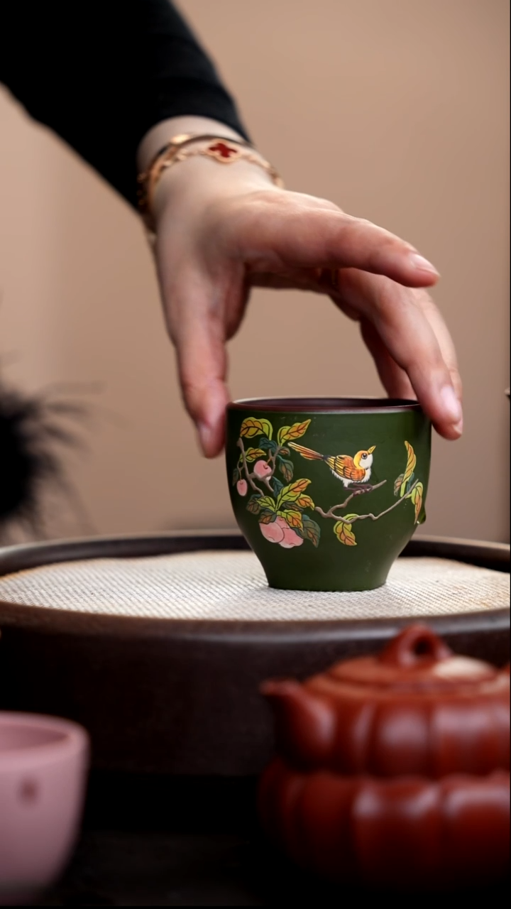 茶壶紫砂民国绿粉浆方圆杯黄鸟