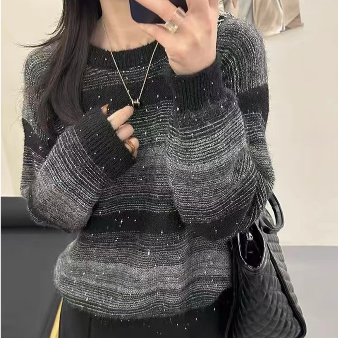 亮片百搭冬季宽松圆领打底衫针织女2005长袖百搭针织衫-B2519#