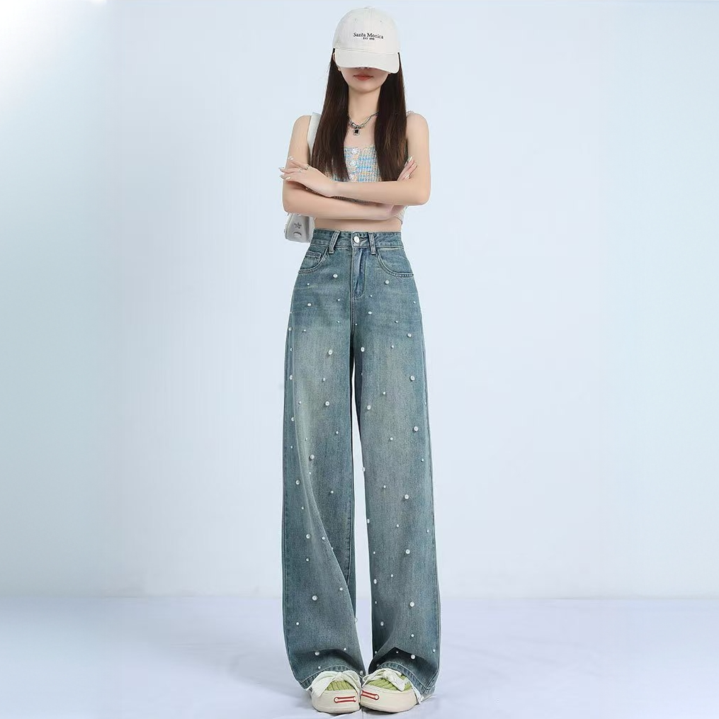 【7078-1】重工钉珠百搭直筒牛仔裤女春秋设计感显瘦宽松垂感拖地裤