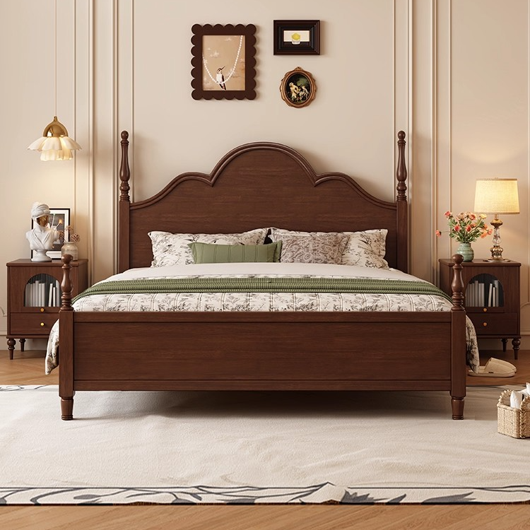 法式复古床黑色实木床现代简约1.8m双人美式软包大床