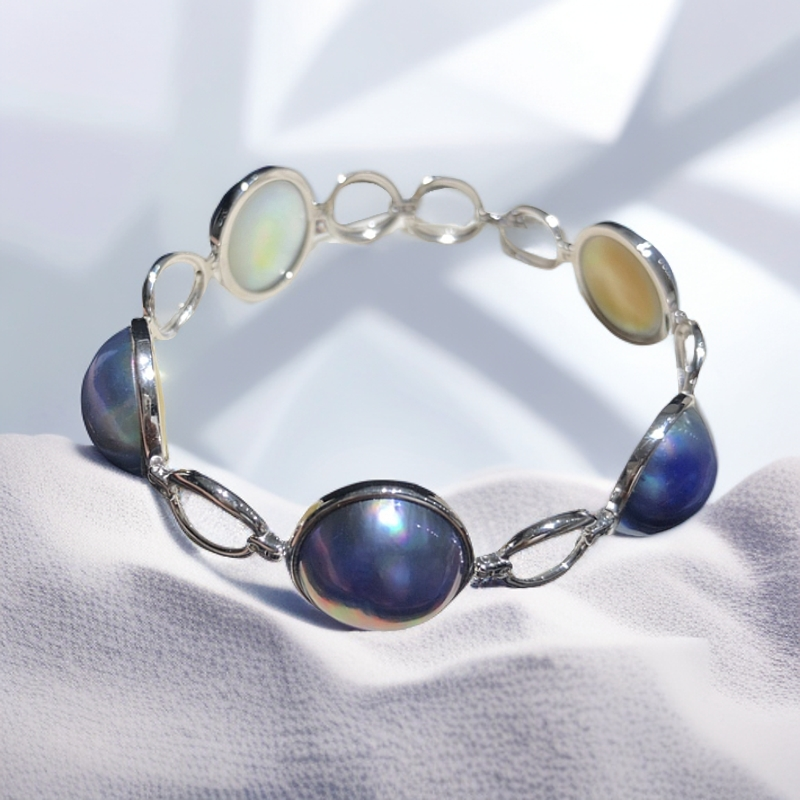 娆绕 星空蓝海水马贝珍珠经典手链 通体银 珠约15.5mm，全长175mm