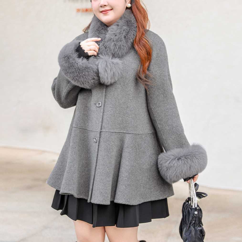 【100绵羊毛】MsShe大码女冬可拆卸狐狸毛领围脖双面呢大衣F2411009