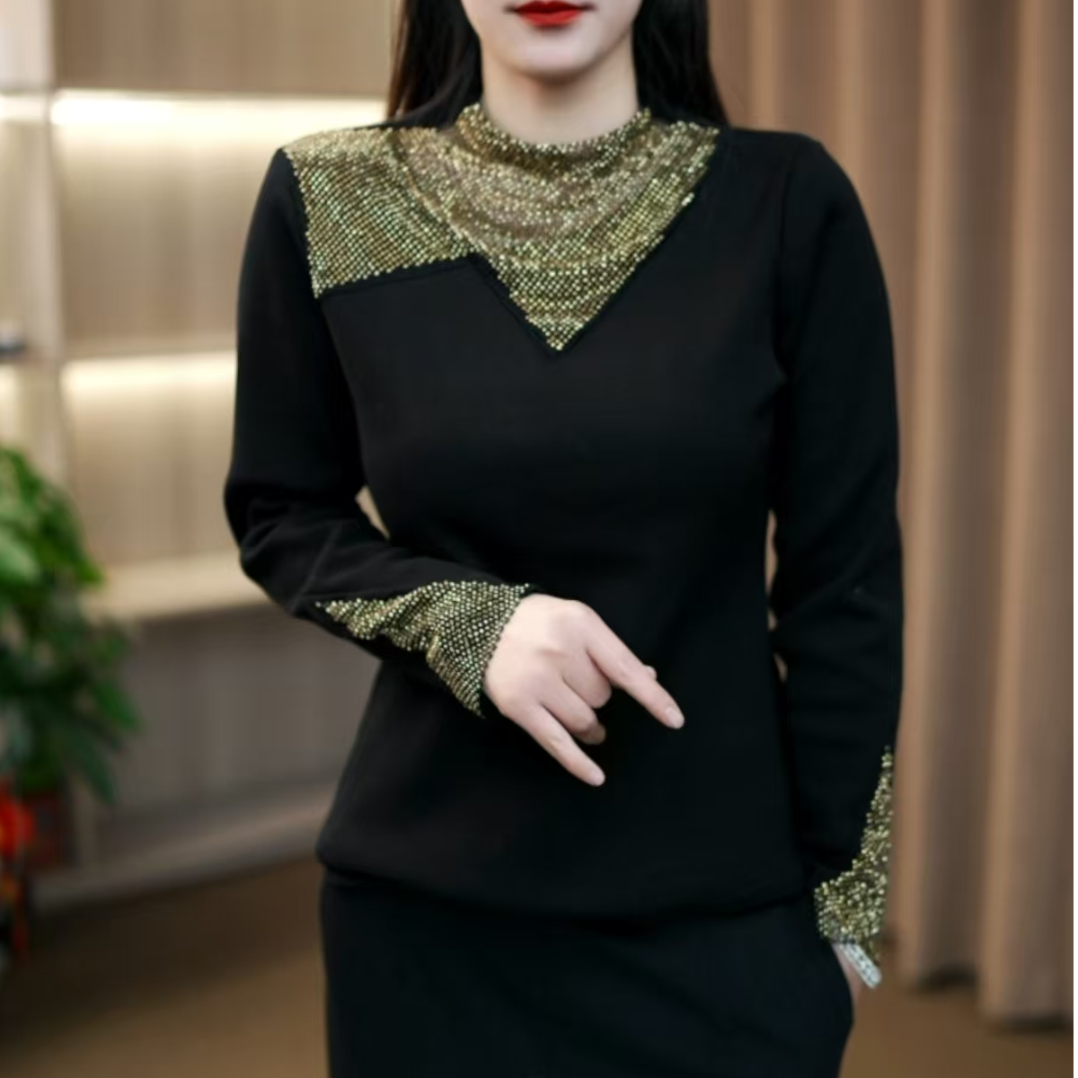 加绒冬款百搭镶钻纯色黑色洋气减龄T恤上衣内搭显瘦打底衫855--