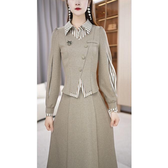 【两件套】春季设计感POLO领时尚显瘦通勤中长款两件套装裙M-4XL