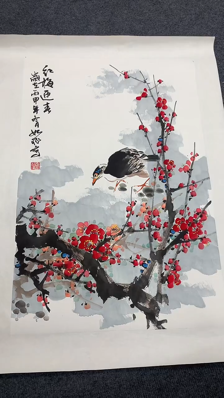 竖款精品开三花鸟