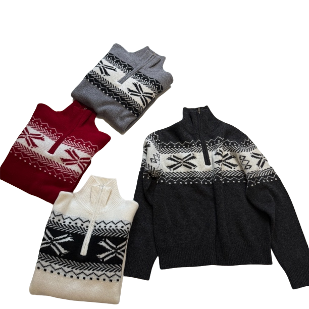 复古高级感【费尔岛穿搭】绵羊毛针织毛衣半拉链高领羊毛衫61306